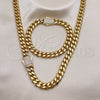 Stainless Steel Necklace and Bracelet, Miami Cuban and Box Lock Design, with White Crystal, Polished, Golden Finish, 06.116.0045.1