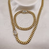 Stainless Steel Necklace and Bracelet, Miami Cuban Design, with White Crystal, Polished, Golden Finish, 06.116.0047.22