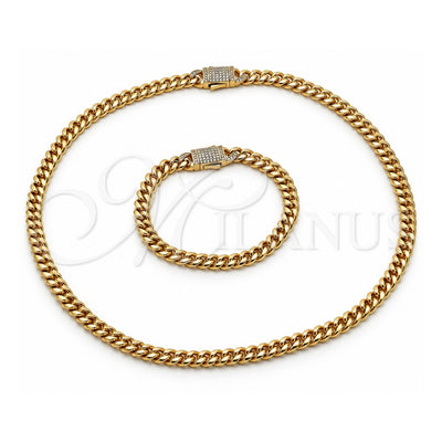 Stainless Steel Necklace and Bracelet, Miami Cuban and Box Lock Design, with White Crystal, Polished, Golden Finish, 06.116.0047.22