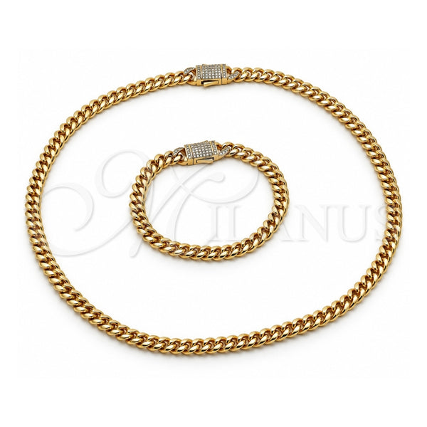 Stainless Steel Necklace and Bracelet, Miami Cuban and Box Lock Design, with White Crystal, Polished, Golden Finish, 06.116.0047.22