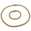 Stainless Steel Necklace and Bracelet, Miami Cuban Design, with White Crystal, Polished, Golden Finish, 06.116.0047
