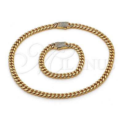 Stainless Steel Necklace and Bracelet, Miami Cuban Design, with White Crystal, Polished, Golden Finish, 06.116.0048
