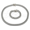 Stainless Steel Necklace and Bracelet, Miami Cuban Design, Polished, Steel Finish, 06.116.0042.1