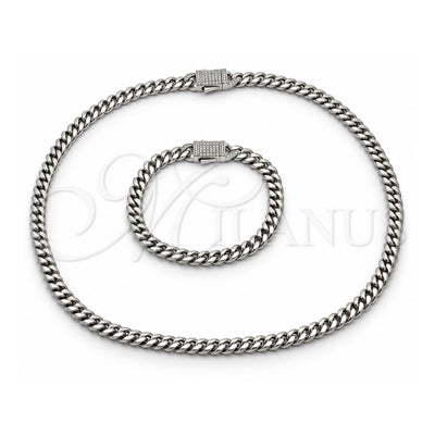 Stainless Steel Necklace and Bracelet, Miami Cuban and Box Lock Design, with White Crystal, Polished, Steel Finish, 06.116.0047.1