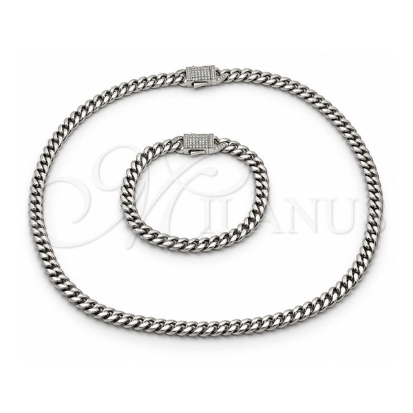 Stainless Steel Necklace and Bracelet, Miami Cuban and Box Lock Design, with White Crystal, Polished, Steel Finish, 06.116.0047.1