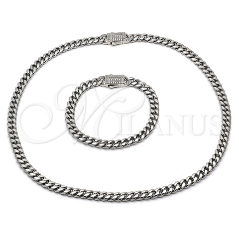 Stainless Steel Necklace and Bracelet, Miami Cuban Design, with White Crystal, Polished, Steel Finish, 06.116.0047.1