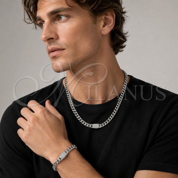 Stainless Steel Bracelet — Necklace and Bracelet Miami Cuban Design with White — alternate product view — SKU 153945 | Acero Inoxidable brazalete — Necklace and Bracelet Miami Cuban diseño with blanco — SKU 153945