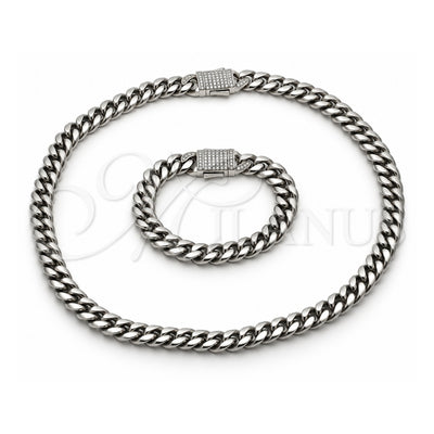 Stainless Steel Necklace and Bracelet, Miami Cuban and Box Lock Design, with White Crystal, Polished, Steel Finish, 06.116.0046.22