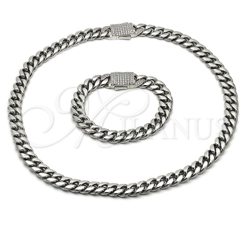 Stainless Steel Necklace and Bracelet, Miami Cuban Design, with White Crystal, Polished, Steel Finish, 06.116.0046.22