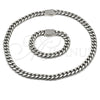Stainless Steel Necklace and Bracelet, Miami Cuban Design, with White Crystal, Polished, Steel Finish, 06.116.0046.22