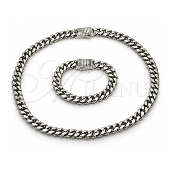Stainless Steel Necklace and Bracelet, Miami Cuban and Box Lock Design, with White Crystal, Polished, Steel Finish, 06.116.0046.22