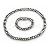 Stainless Steel Necklace and Bracelet, Miami Cuban and Box Lock Design, with White Crystal, Polished, Steel Finish, 06.116.0046.22