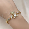 Oro Laminado Fancy Bracelet, Gold Filled Style Teddy Bear and Bow Design, with White and Green Cubic Zirconia, Polished, Golden Finish, 03.283.0282.1.07 (06 MM Thickness, 7 Inches Length)