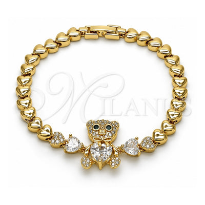 Oro Laminado Fancy Bracelet, Gold Filled Style Teddy Bear and Bow Design, with White and Green Cubic Zirconia, Polished, Golden Finish, 03.283.0282.1.07 (06 MM Thickness, 7 Inches Length)