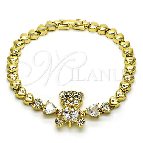 Oro Laminado Fancy Bracelet, Gold Filled Style Teddy Bear and Bow Design, with White and Green Cubic Zirconia, Polished, Golden Finish, 03.283.0282.1.07 (06 MM Thickness, 7 Inches Length)