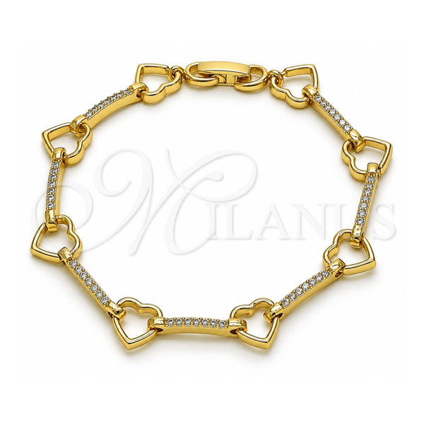Oro Laminado Fancy Bracelet, Gold Filled Style Heart Design, with White Micro Pave, Polished, Golden Finish, 03.213.0232.07 (09 MM Thickness, 7 Inches Length)