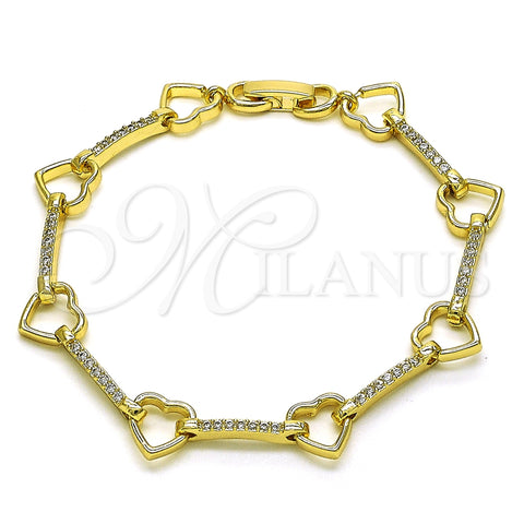 Oro Laminado Fancy Bracelet, Gold Filled Style Heart Design, with White Micro Pave, Polished, Golden Finish, 03.213.0232.07 (09 MM Thickness, 7 Inches Length)