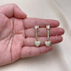Oro Laminado Long Earring, Gold Filled Style Heart Design, with White Cubic Zirconia and White Micro Pave, Polished, Golden Finish, 02.283.0081
