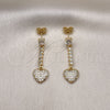 Oro Laminado Long Earring, Gold Filled Style Heart Design, with White Cubic Zirconia and White Micro Pave, Polished, Golden Finish, 02.283.0081