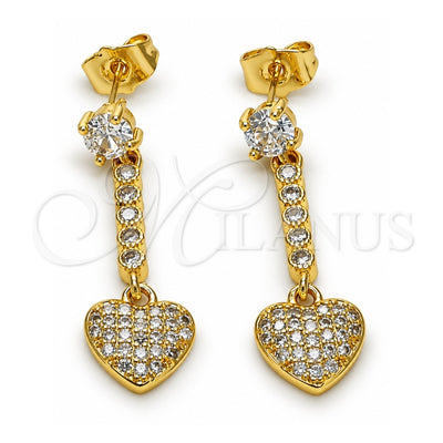 Oro Laminado Long Earring, Gold Filled Style Heart Design, with White Cubic Zirconia and White Micro Pave, Polished, Golden Finish, 02.283.0081