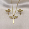 Oro Laminado Earring and Pendant Adult Set, Gold Filled Style Dragon-Fly Design, with White Cubic Zirconia and White Micro Pave, Polished, Golden Finish, 10.381.0001