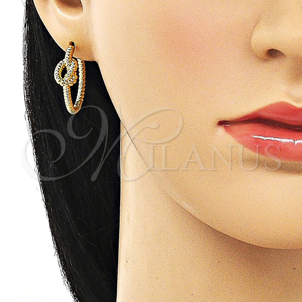 Gold Filled Hoop Earrings — Huggie Hoop Love Knot and Twist Design Diamond — alternate product view — SKU 153998 | Oro Laminado aretes de aro — Huggie Hoop Love Knot and Twist diseño Diamond — SKU 153998