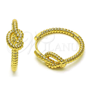 Gold Filled Hoop Earrings — Huggie Hoop Love Knot and Twist Design Diamond — main product view — SKU 153998 | Oro Laminado aretes de aro — Huggie Hoop Love Knot and Twist diseño Diamond — SKU 153998
