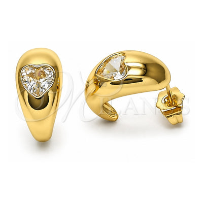 Oro Laminado Stud Earring, Gold Filled Style Moon and Heart Design, with White Cubic Zirconia, Polished, Golden Finish, 02.163.0220