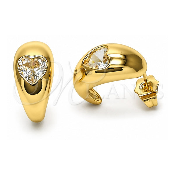 Oro Laminado Stud Earring, Gold Filled Style Moon and Heart Design, with White Cubic Zirconia, Polished, Golden Finish, 02.163.0220