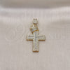 Oro Laminado Religious Pendant, Gold Filled Style Cross and Crown Design, with White Cubic Zirconia and White Micro Pave, Polished, Golden Finish, 05.253.0178