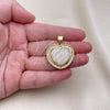 Oro Laminado Fancy Pendant, Gold Filled Style Heart and Baguette Design, with Ivory Mother of Pearl and White Cubic Zirconia, Polished, Golden Finish, 05.342.0193