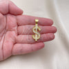 Oro Laminado Fancy Pendant, Gold Filled Style Money Sign and Baguette Design, with White Cubic Zirconia and White Micro Pave, Polished, Golden Finish, 05.342.0194