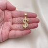 Oro Laminado Fancy Pendant, Gold Filled Style Money Sign and Baguette Design, with White Cubic Zirconia and White Micro Pave, Polished, Golden Finish, 05.342.0194