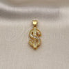 Oro Laminado Fancy Pendant, Gold Filled Style Money Sign and Baguette Design, with White Cubic Zirconia and White Micro Pave, Polished, Golden Finish, 05.342.0194