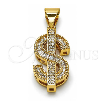 Oro Laminado Fancy Pendant, Gold Filled Style Money Sign and Baguette Design, with White Cubic Zirconia and White Micro Pave, Polished, Golden Finish, 05.342.0194