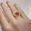 Oro Laminado Multi Stone Ring, Gold Filled Style Dolphin and Heart Design, with Ruby Cubic Zirconia and White Micro Pave, Polished, Golden Finish, 01.196.0002.1 (One size fits all)