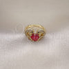 Oro Laminado Multi Stone Ring, Gold Filled Style Dolphin and Heart Design, with Ruby Cubic Zirconia and White Micro Pave, Polished, Golden Finish, 01.196.0002.1 (One size fits all)