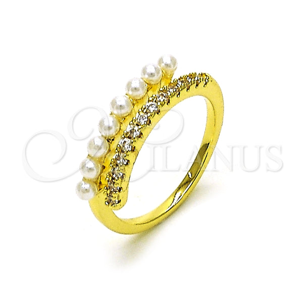 Oro Laminado Multi Stone Ring, Gold Filled Style with Ivory Pearl and White Micro Pave, Polished, Golden Finish, 01.196.0019