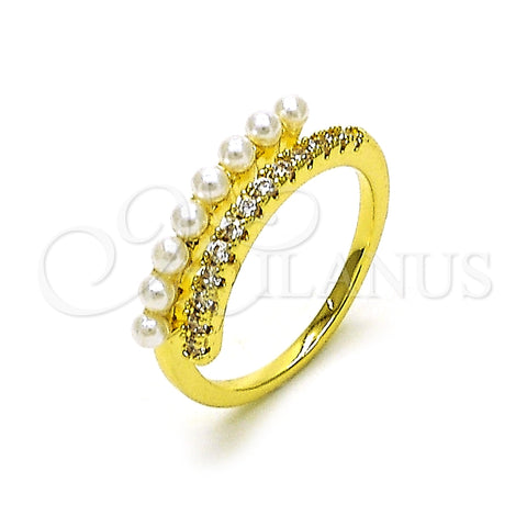 Oro Laminado Multi Stone Ring, Gold Filled Style with Ivory Pearl and White Micro Pave, Polished, Golden Finish, 01.196.0019