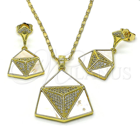 Oro Laminado Earring and Pendant Adult Set, Gold Filled Style with Ivory Mother of Pearl and White Micro Pave, Polished, Golden Finish, 10.196.0109