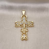 Oro Laminado Religious Pendant, Gold Filled Style Crucifix and Baguette Design, with White Cubic Zirconia, Polished, Golden Finish, 05.253.0180