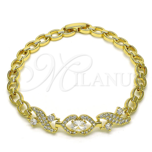Oro Laminado Fancy Bracelet, Gold Filled Style Heart Design, with White Cubic Zirconia and White Micro Pave, Polished, Golden Finish, 03.283.0334.07 (06 MM Thickness, 7 Inches Length)