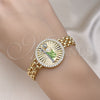 Oro Laminado Fancy Bracelet, Gold Filled Style San Judas and Bismark Design, with White Micro Pave, Polished, Tricolor, 03.283.0340.07 (10 MM Thickness, 7 Inches Length)