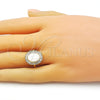 Oro Laminado Multi Stone Ring, Gold Filled Style Guadalupe and Baguette Design, with Ivory Mother of Pearl and White Cubic Zirconia, Polished, Golden Finish, 01.341.0115 (One size fits all)