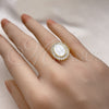 Oro Laminado Multi Stone Ring, Gold Filled Style Guadalupe and Baguette Design, with Ivory Mother of Pearl and White Cubic Zirconia, Polished, Golden Finish, 01.341.0115 (One size fits all)