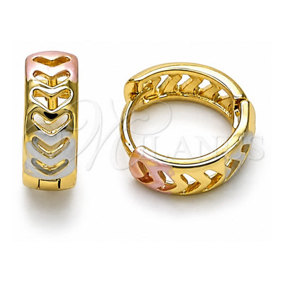 Oro Laminado Huggie Hoop, Gold Filled Style Heart Design, Polished, Tricolor, 02.213.0585.14