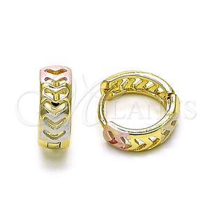 Gold Filled Hoop Earrings — Huggie Hoop Heart Design Polished Tricolor 02. — main product view — SKU 154195 | Oro Laminado aretes de aro — Huggie Hoop corazón diseño pulido Tricolor 02. — SKU 154195