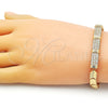 Oro Laminado Fancy Bracelet, Gold Filled Style Nameplate Design, with White Cubic Zirconia, Polished, Golden Finish, 03.346.0022.07 (08 MM Thickness, 7 Inches Length)