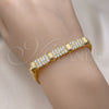 Oro Laminado Fancy Bracelet, Gold Filled Style Nameplate Design, with White Cubic Zirconia, Polished, Golden Finish, 03.346.0022.07 (08 MM Thickness, 7 Inches Length)