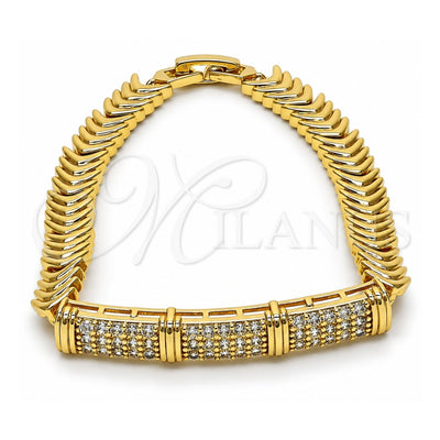 Oro Laminado Fancy Bracelet, Gold Filled Style Nameplate Design, with White Cubic Zirconia, Polished, Golden Finish, 03.346.0022.07 (08 MM Thickness, 7 Inches Length)